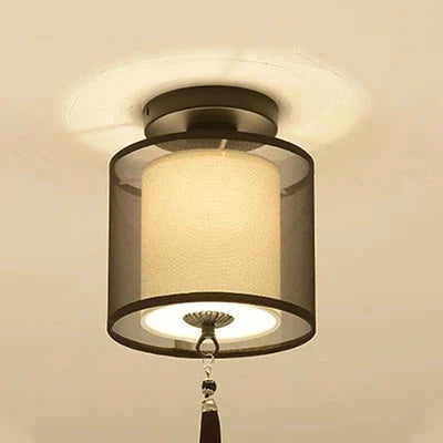 Classic Japanese LED Warm Ceiling Lamp - Iron with Cloth Shade, Surface-Mounted, E27 Bulb