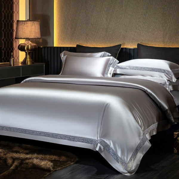 Miravique Silver Modern Satin Egyptian Cotton Bedding Set