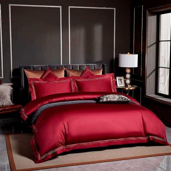 Miravique Red Embroidered Edge Egyptian Cotton Bedding Set