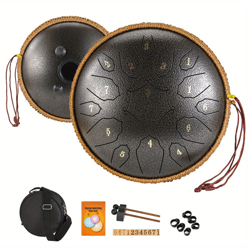 12 Inch 15 Note Steel Tongue Drum D Key Hotplate Percussion Instrument Cornices Shape Handbag Drum With Drum Mallets Carry Bag And Music Book