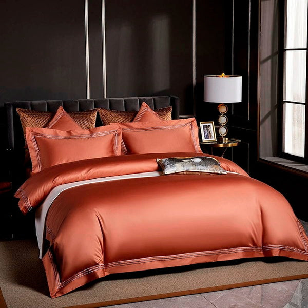 Miravique Orange Embroidered Edge Egyptian Cotton Bedding Set