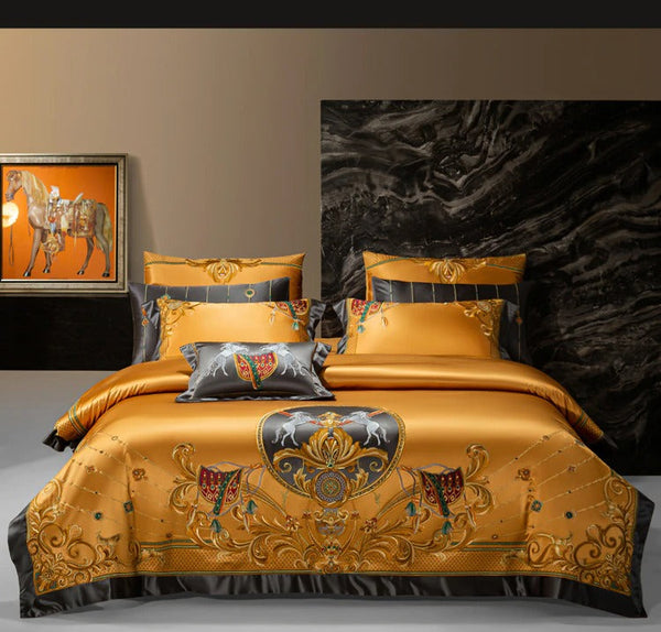 Miravique Gold Egyptian Cotton Embroidered Bedding Set