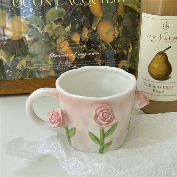 Cottagecore 3D Floral Handpainted Ceramic Mug – Whimsical Tulip & Rose Coffee Cup, 350ml