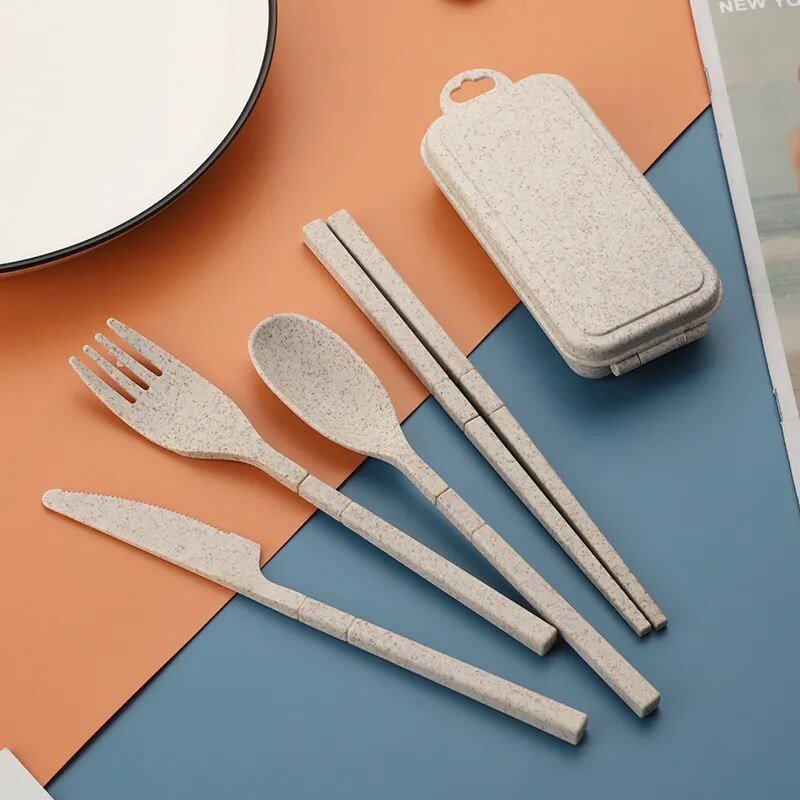 Foldable Wheat Straw Cutlery Set With Storage Box