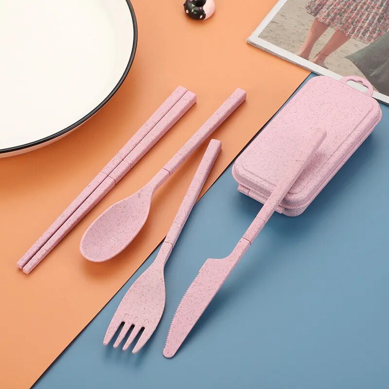 Foldable Wheat Straw Cutlery Set With Storage Box