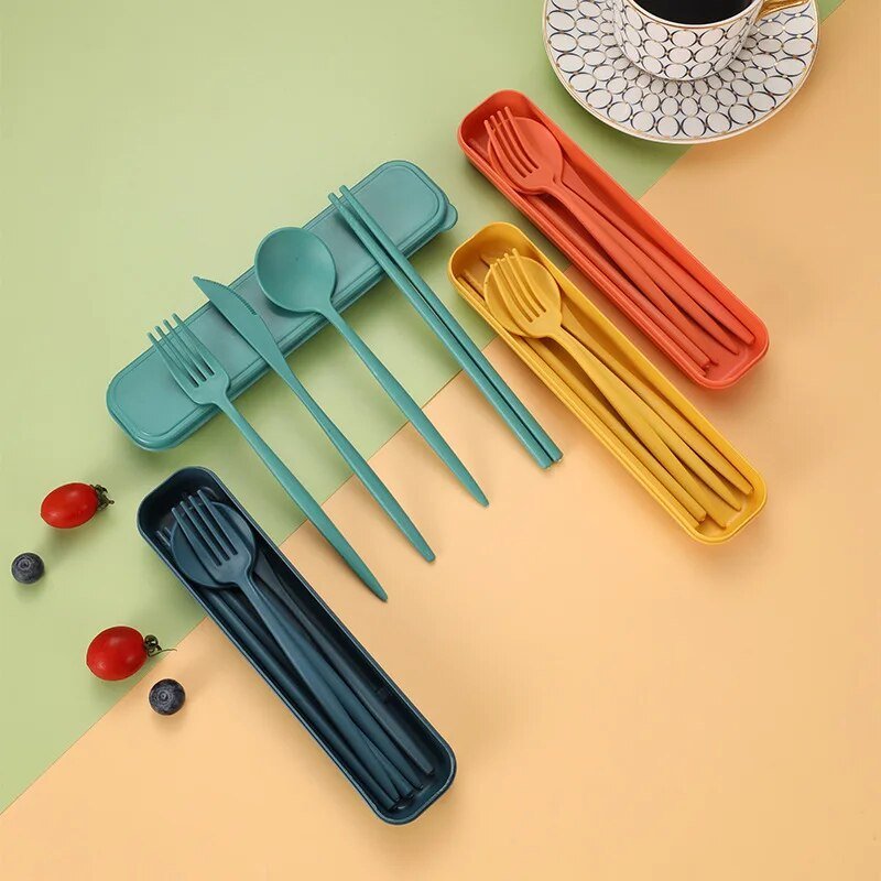 Four Piece Pastel Coloured Cutlery Set With Travel Box