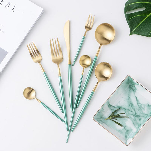 Matte Gold and Turquoise 4-Piece Flatware Cutlery Set