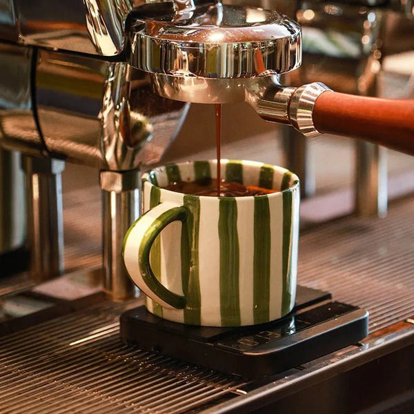 Hand Drawn Striped Ceramic Mug & Saucer Set