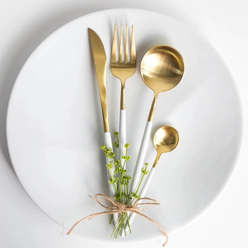 Matte Gold and White 24-Piece Flatware Cutlery Set