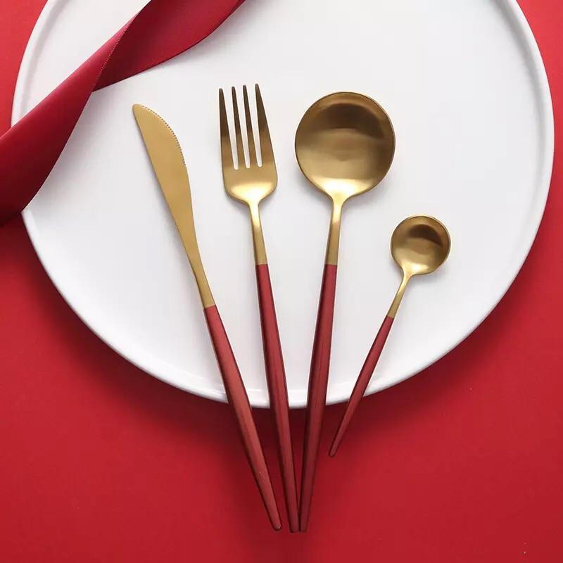 Matte Gold and Red 24-Piece Flatware Cutlery Set