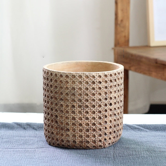 Natural Rattan Texture Cement Planter