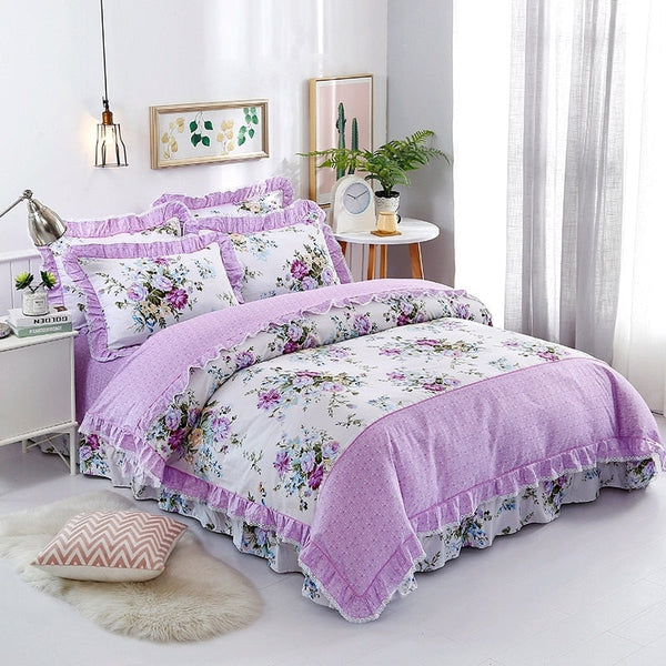 Miravique Lilac Contrasting Floral Printed Egyptian Cotton Bedding Set