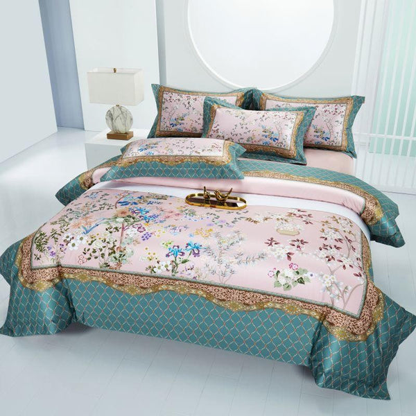 Miravique Hybrid Floral And Diamond Printed Silky Egyptian Cotton Bedding Set