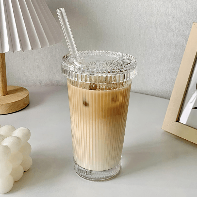 Ridged Glass Cup with Straw