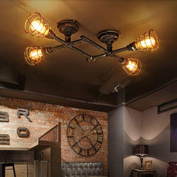 Rustic Industrial Semi Flush Ceiling Light – Steampunk Pipe Fixture with Cage Shade