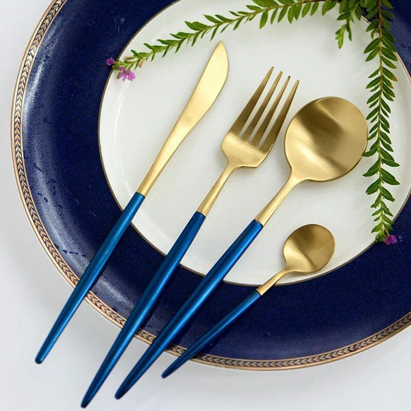 Matte Gold and Blue 24-Piece Flatware Cutlery Set