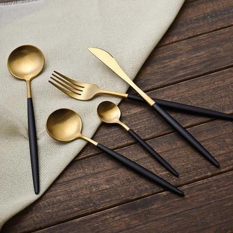 Matte Gold and Black 24-Piece Flatware Cutlery Set