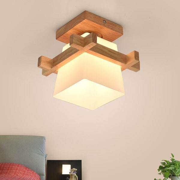 Tatami Japanese Ceiling Light for Home Lighting Glass Lampshade E27 LED Ceiling Lamp Wood Base Hallways Porch Fixtures