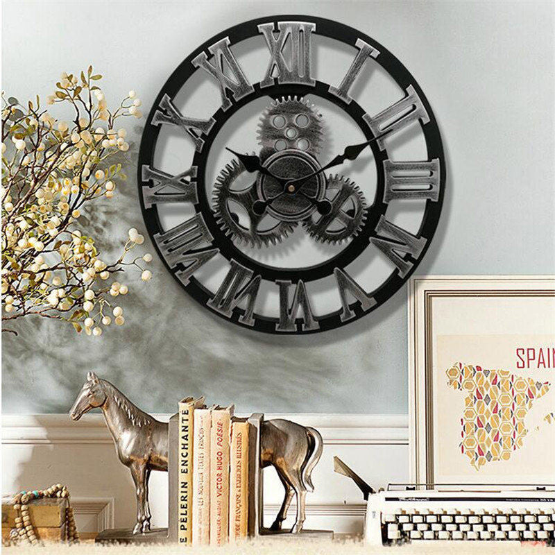 Retro Industrial Style Wall Clock - Vintage Wooden Wall Art for Home & Office Decor