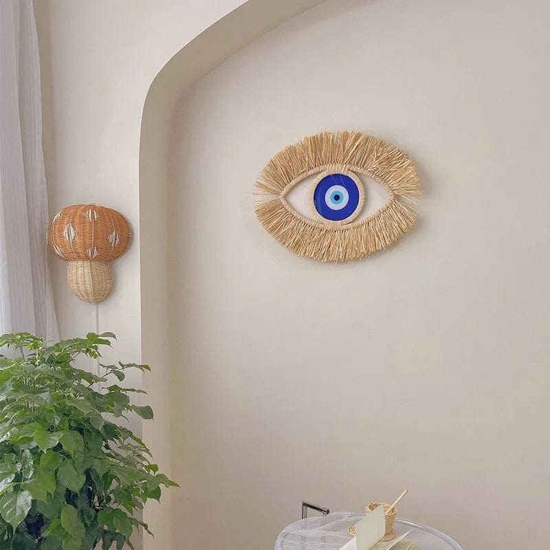 Evil Eye Woven Wall Art - Handmade Boho Chic Decor, Natural Straw Wall Hanging