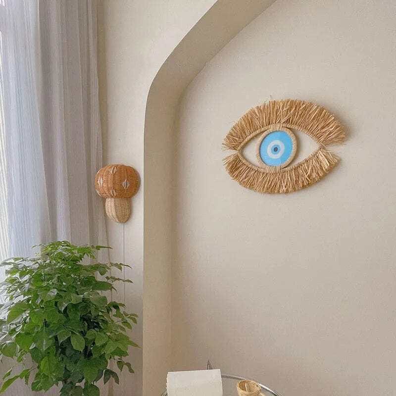 Evil Eye Woven Wall Art - Handmade Boho Chic Decor, Natural Straw Wall Hanging