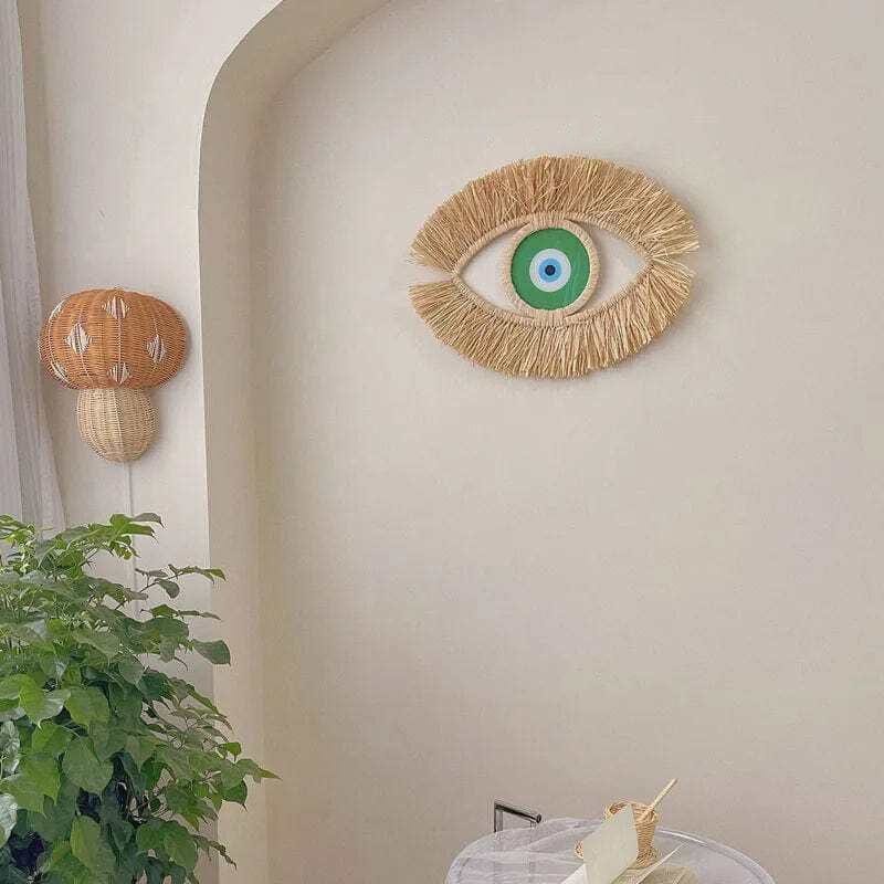 Evil Eye Woven Wall Art - Handmade Boho Chic Decor, Natural Straw Wall Hanging