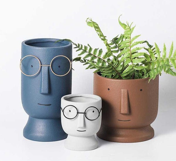 Abstract Cartoon Ceramic Head Planter with Glasses