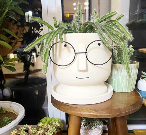 Abstract Cartoon Ceramic Head Planter with Glasses