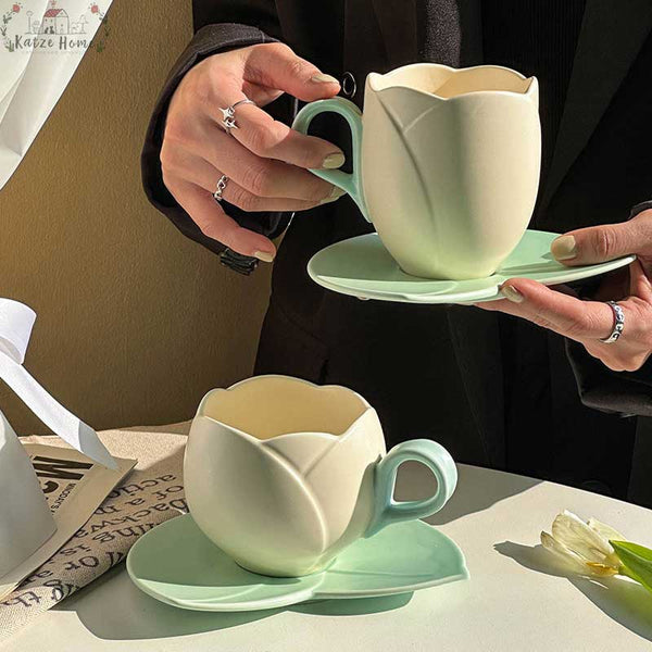 Aesthetic Ceramic Tulip Shaped Coffee Mug Saucer Set