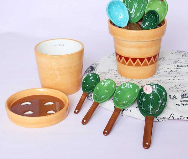 Cute Ceramic Cactus Measuring Spoons In Pot