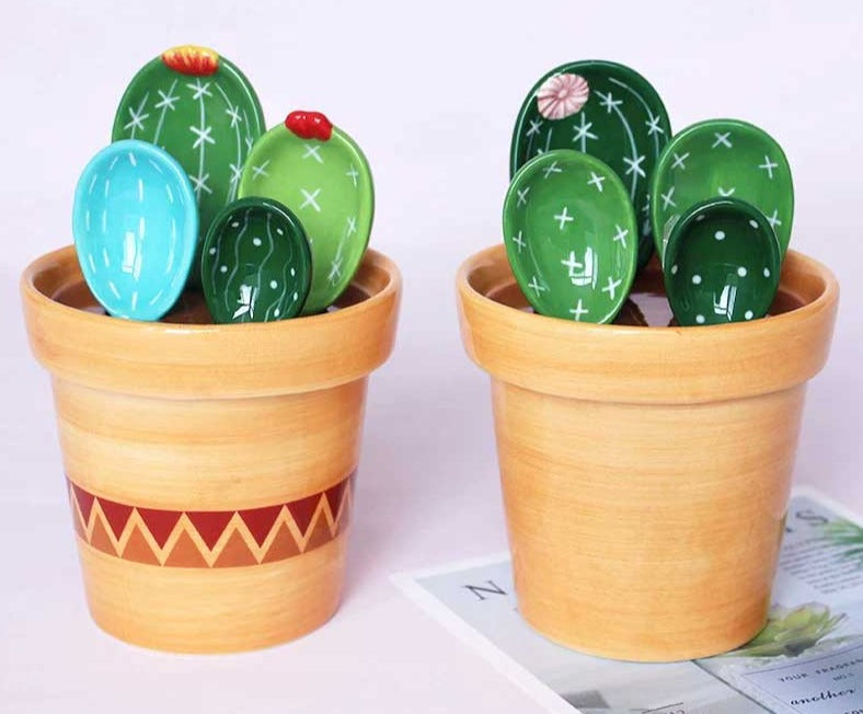 Cute Ceramic Cactus Measuring Spoons In Pot