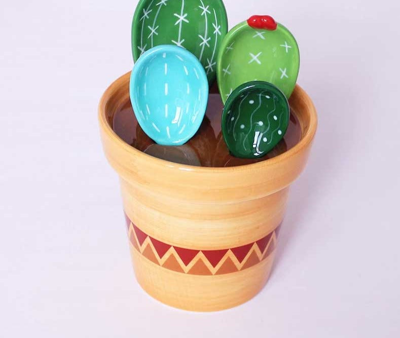 Cute Ceramic Cactus Measuring Spoons In Pot