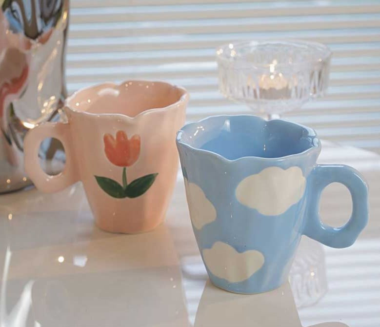 Cute Cloud Bear Tulip Orange Checkered Aesthetic Mugs