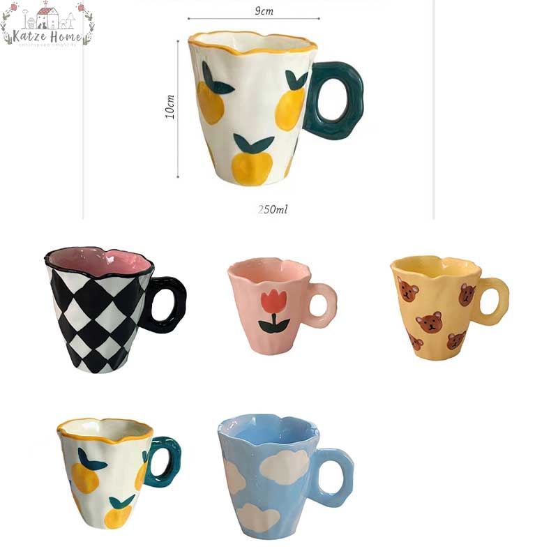 Cute Cloud Bear Tulip Orange Checkered Aesthetic Mugs