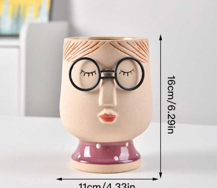 Cute Grandparent Ceramic Face Vase with Glasses