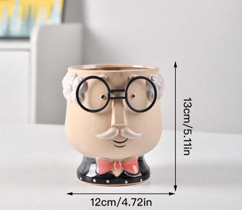 Cute Grandparent Ceramic Face Vase with Glasses