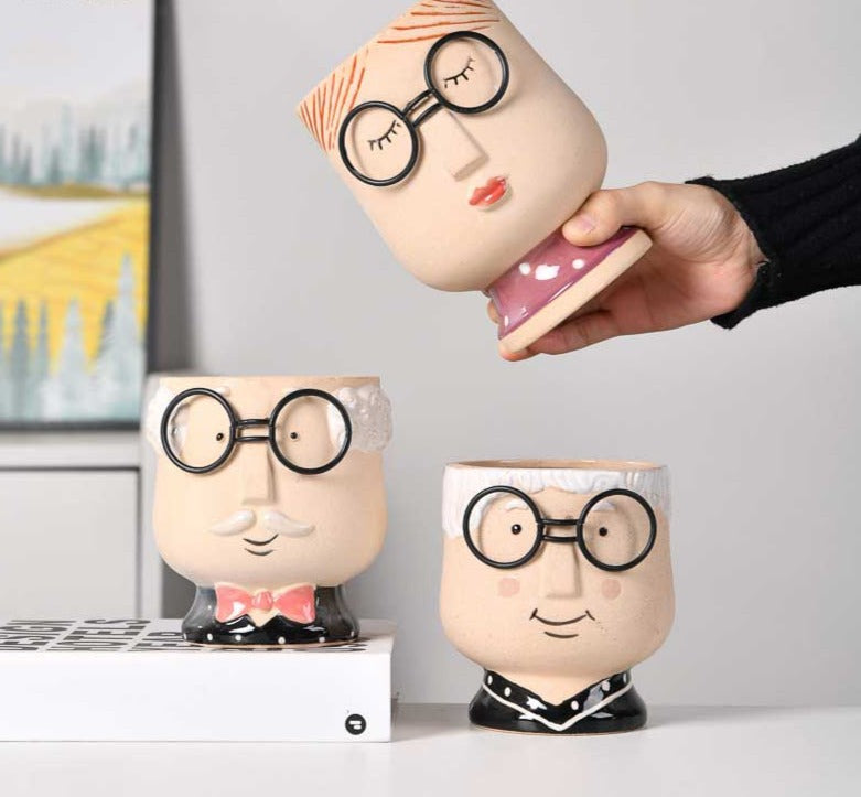 Cute Grandparent Ceramic Face Vase with Glasses