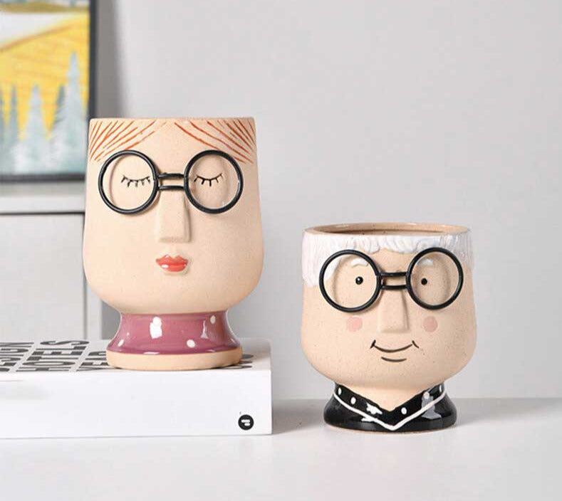 Cute Grandparent Ceramic Face Vase with Glasses