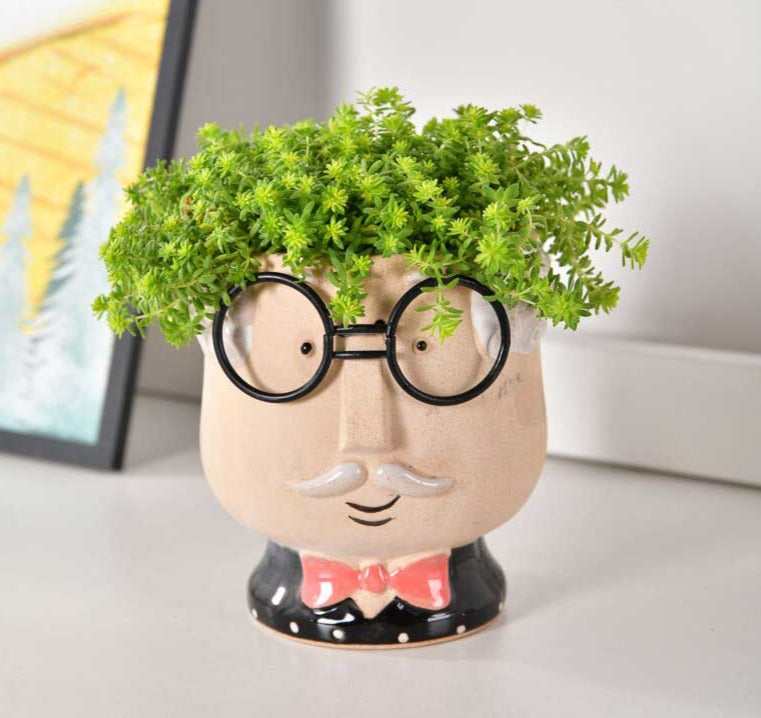 Cute Grandparent Ceramic Face Vase with Glasses