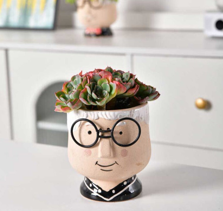 Cute Grandparent Ceramic Face Vase with Glasses