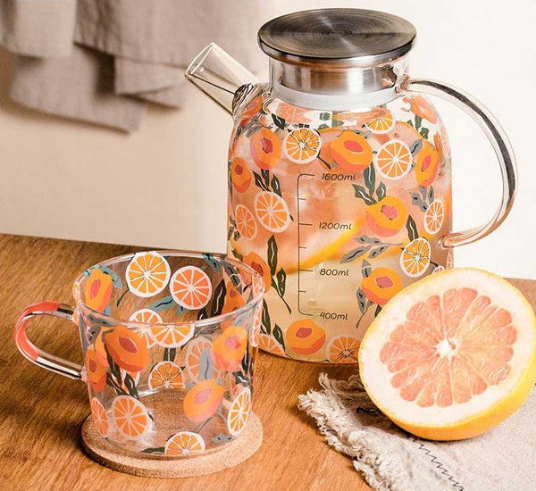 Glass Fruit Orange Juice Pitcher Mug Set