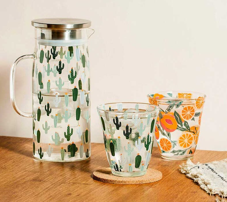 Glass Fruit Orange Juice Pitcher Mug Set