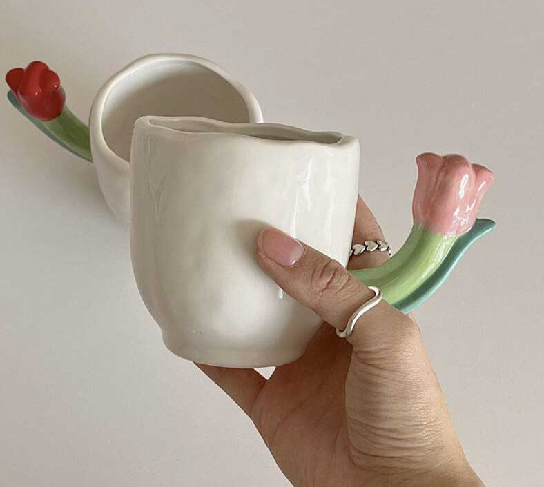 Handmade Ceramic Tulip Mug with Floral Spoon