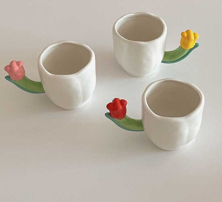 Handmade Ceramic Tulip Mug with Floral Spoon