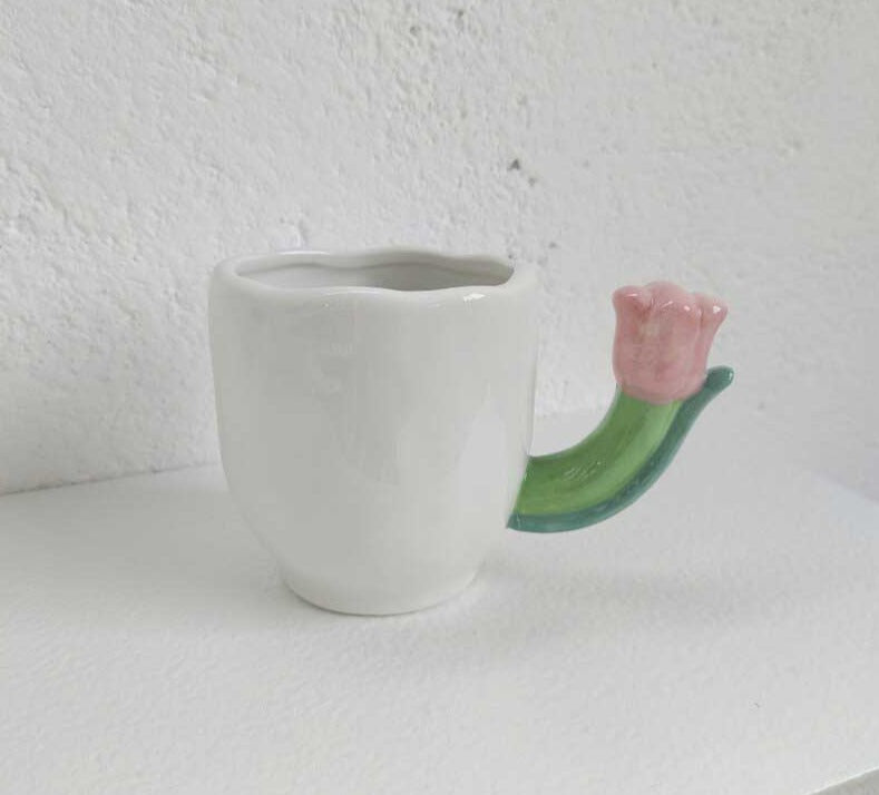 Handmade Ceramic Tulip Mug with Floral Spoon