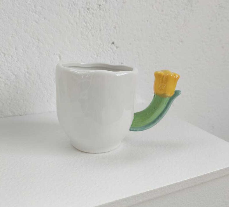 Handmade Ceramic Tulip Mug with Floral Spoon