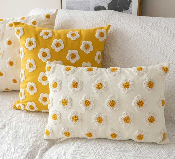 Handmade Embroidered Daisy Floral Pillow Cover