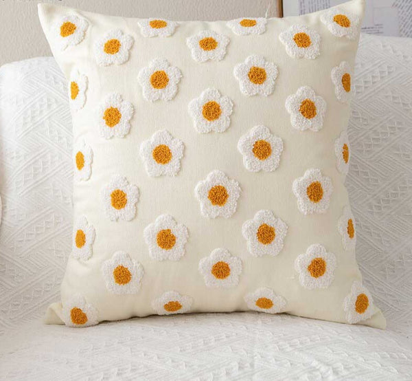 Handmade Embroidered Daisy Floral Pillow Cover