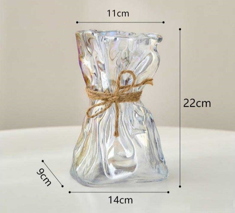 Iridescent Abstract Glass Pleated Paper Bag Vase with Rope Strap