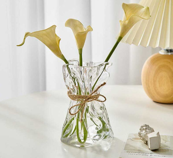 Iridescent Abstract Glass Pleated Paper Bag Vase with Rope Strap